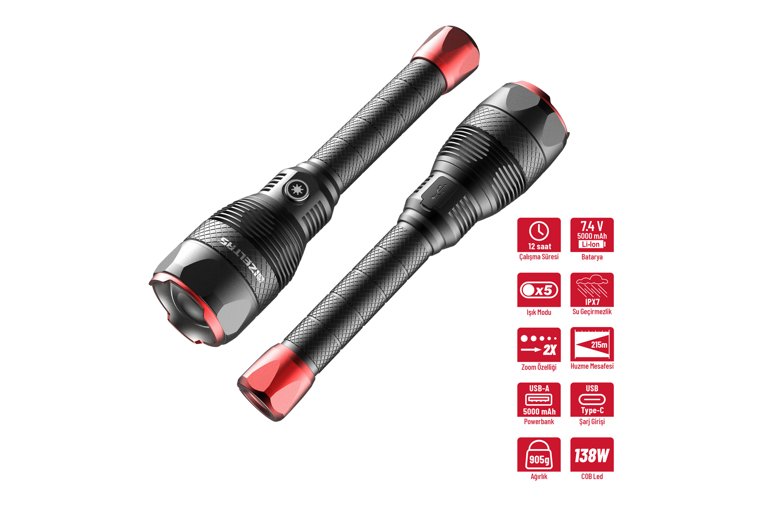 PRO 12000 LÜMEN ZOOM ÖZELLİKLİ COB LED EL FENERİ (BÜYÜK BOY)